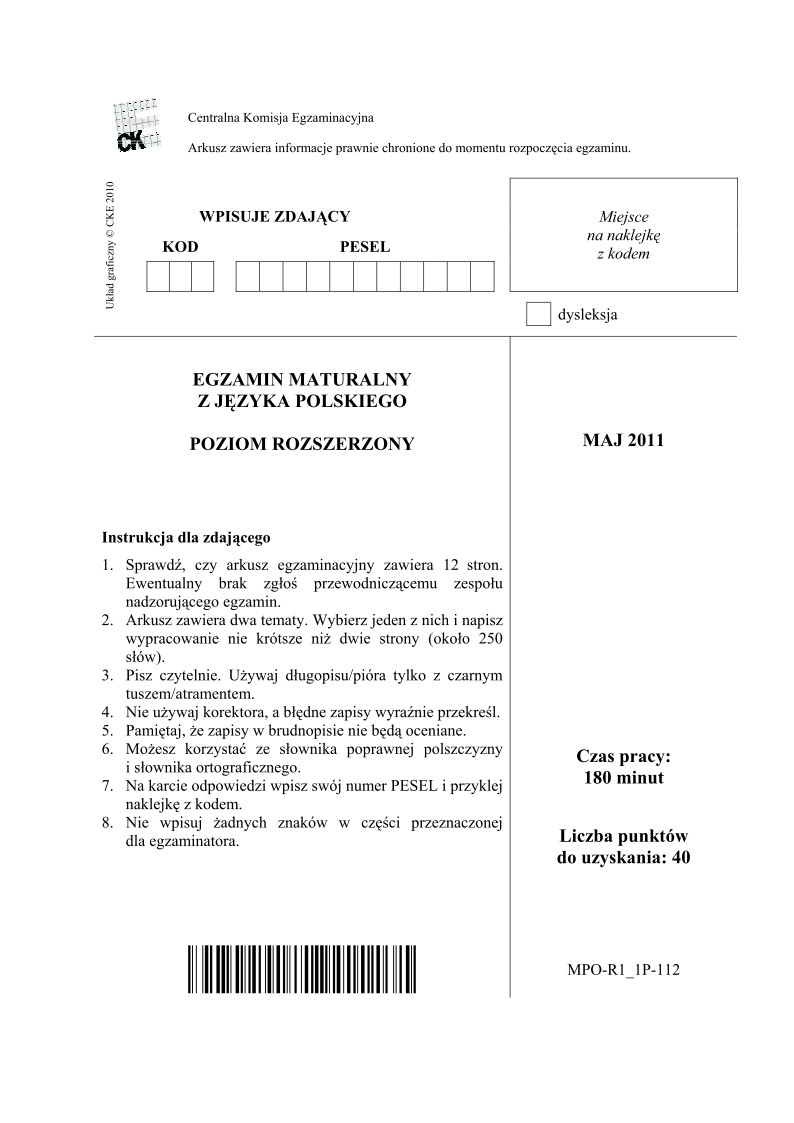 Pytania - jezyk polski, p. rozszerzony, matura 2011-strona-01