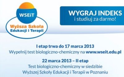 plakat wygraj indeks i studiuj za darmo konkurs Wyższa Szkoła Edukacji i Terapii w Poznaniu
