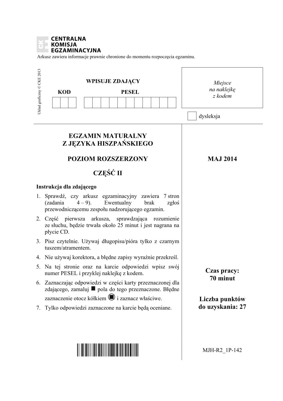 pytania-hiszpanski-poziom-rozszerzony-czesc-II-matura-2014-str.1