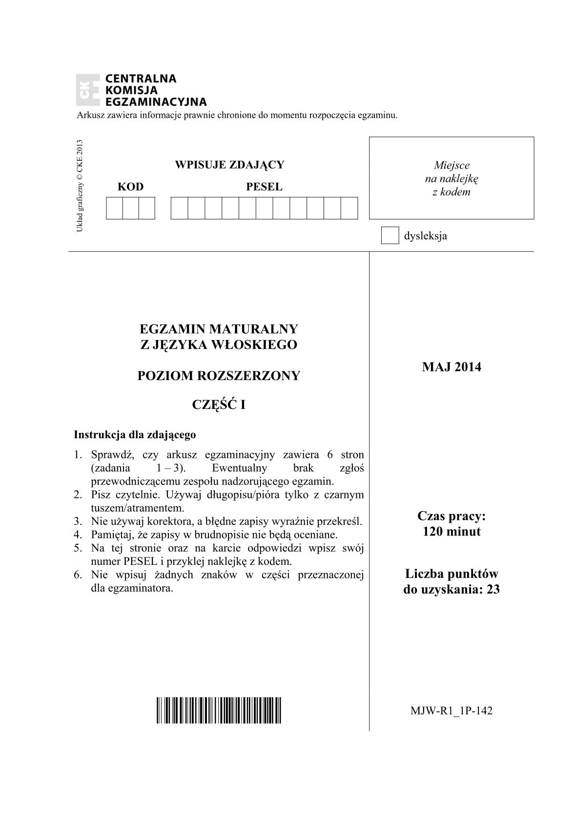 pytania-wloski-poziom-rozszerzony-czesc-I-matura-2014-str.1