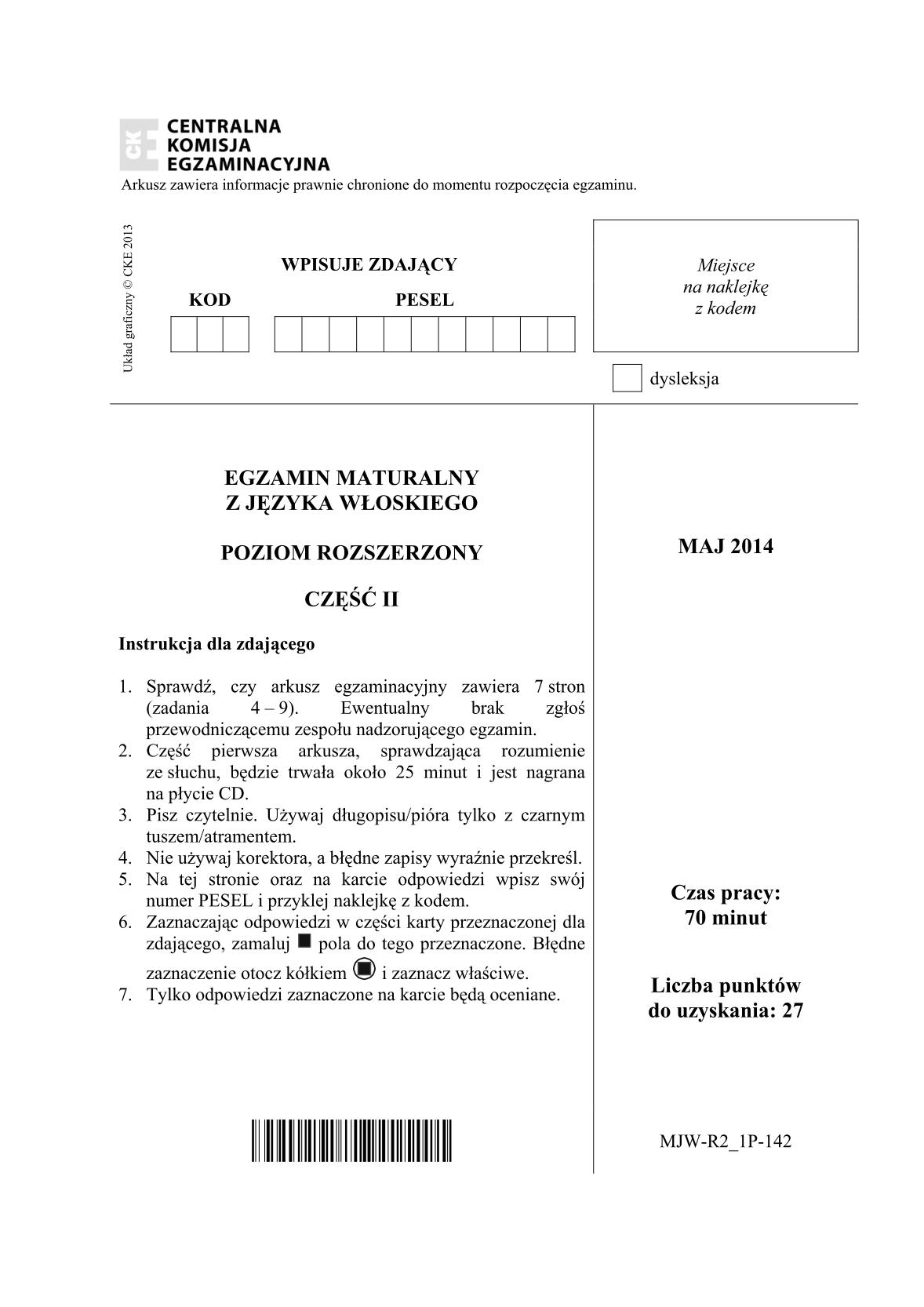 pytania-wloski-poziom-rozszerzony-czesc-II-matura-2014-str.1