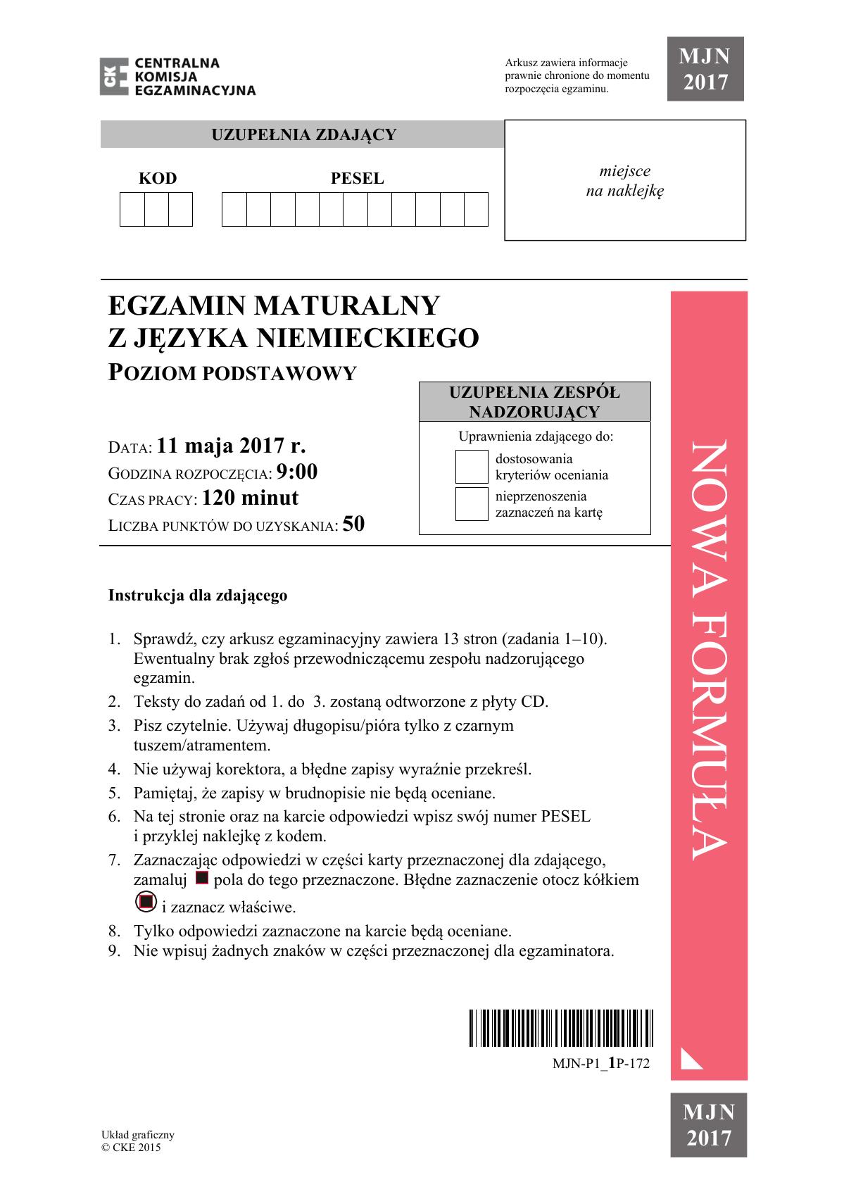 Język niemiecki, matura 2017 - poziom podstawowy - pytania i odpowiedzi-01