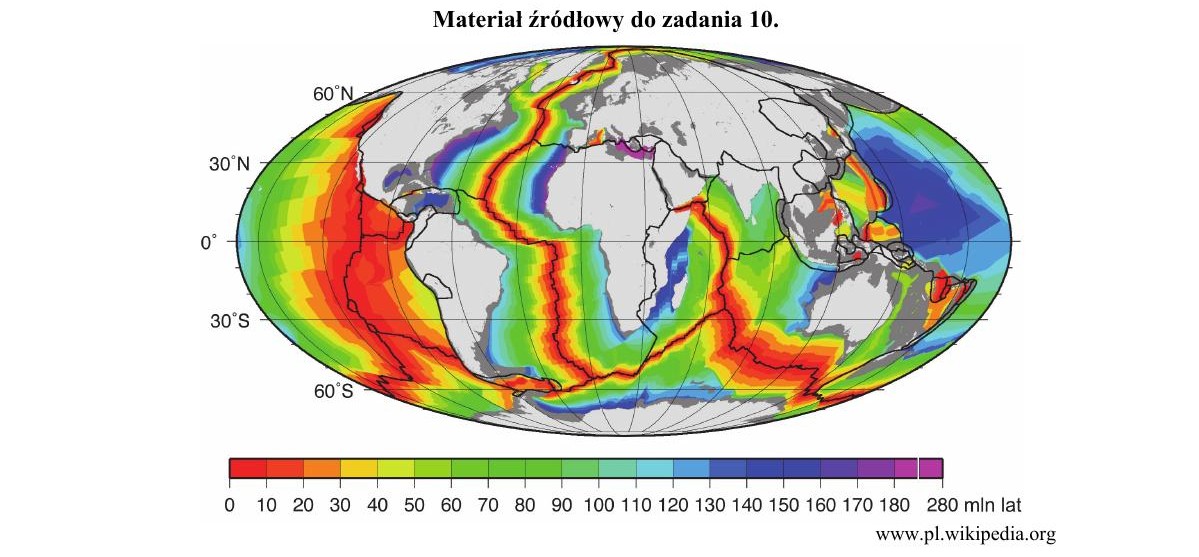 Mapa wieku skał do zadania 10 - strona II barwnego materiału źródłowego