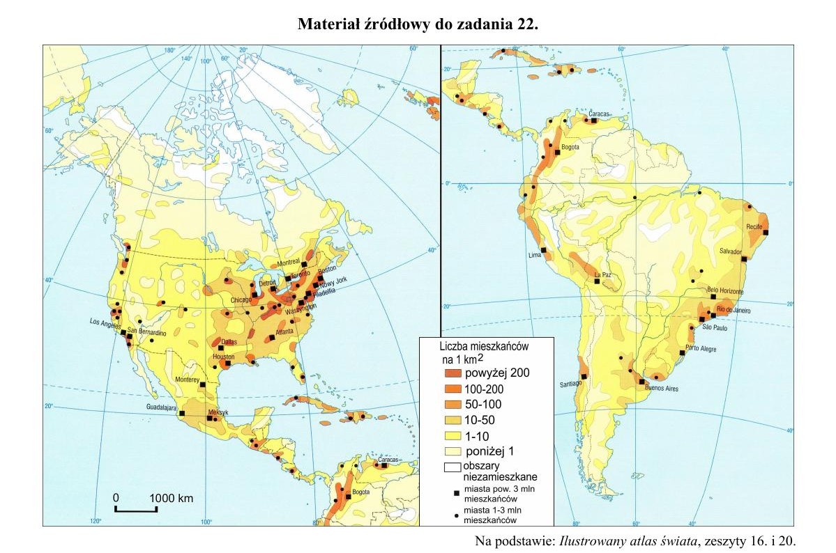 Mapy gęstości zaludnienia Ameryki do zadania 22 - strona III barwnego materiału źródłowego