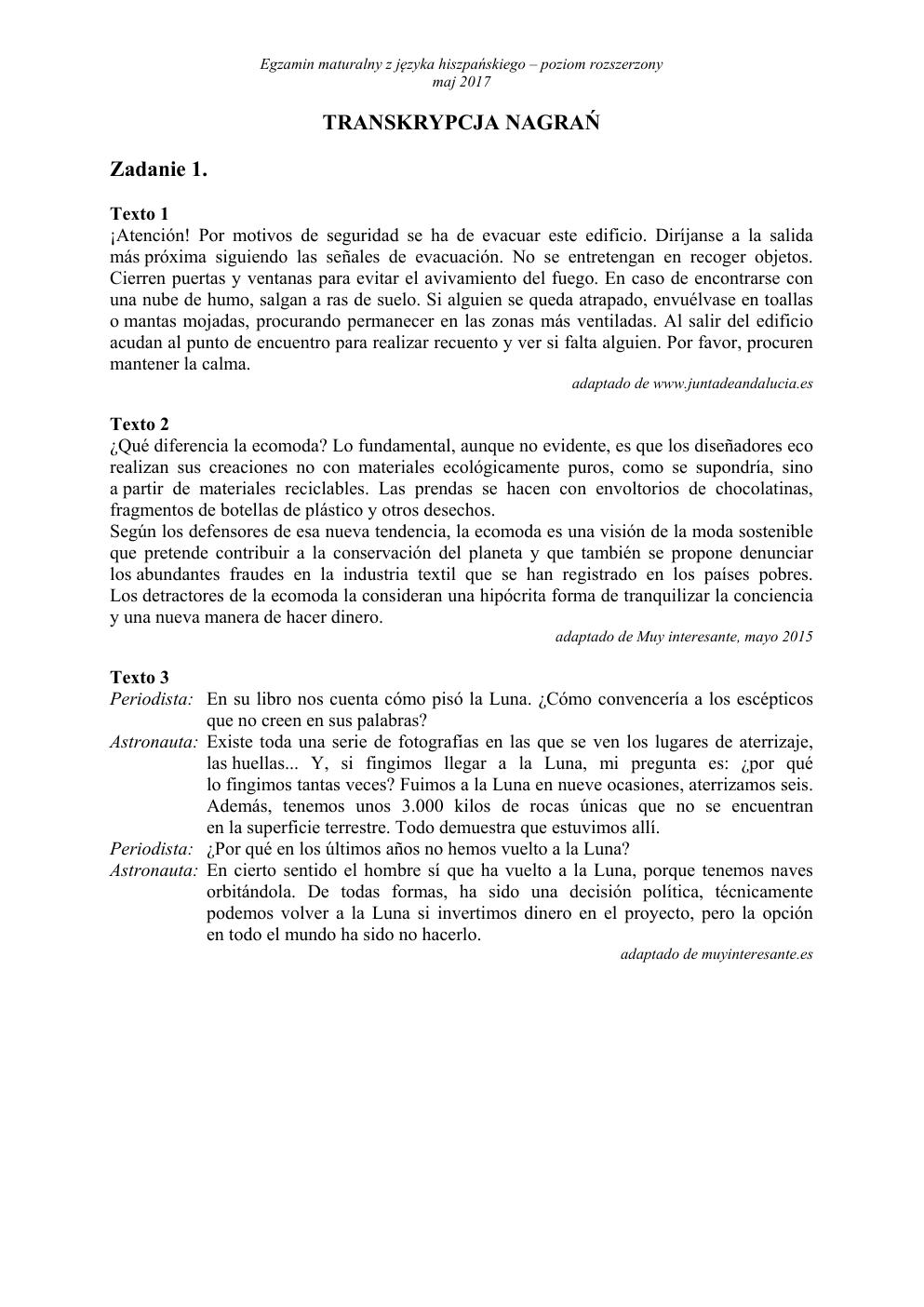 Język hiszpański, matura 2017 - poziom rozszerzony - transkrypcja-1