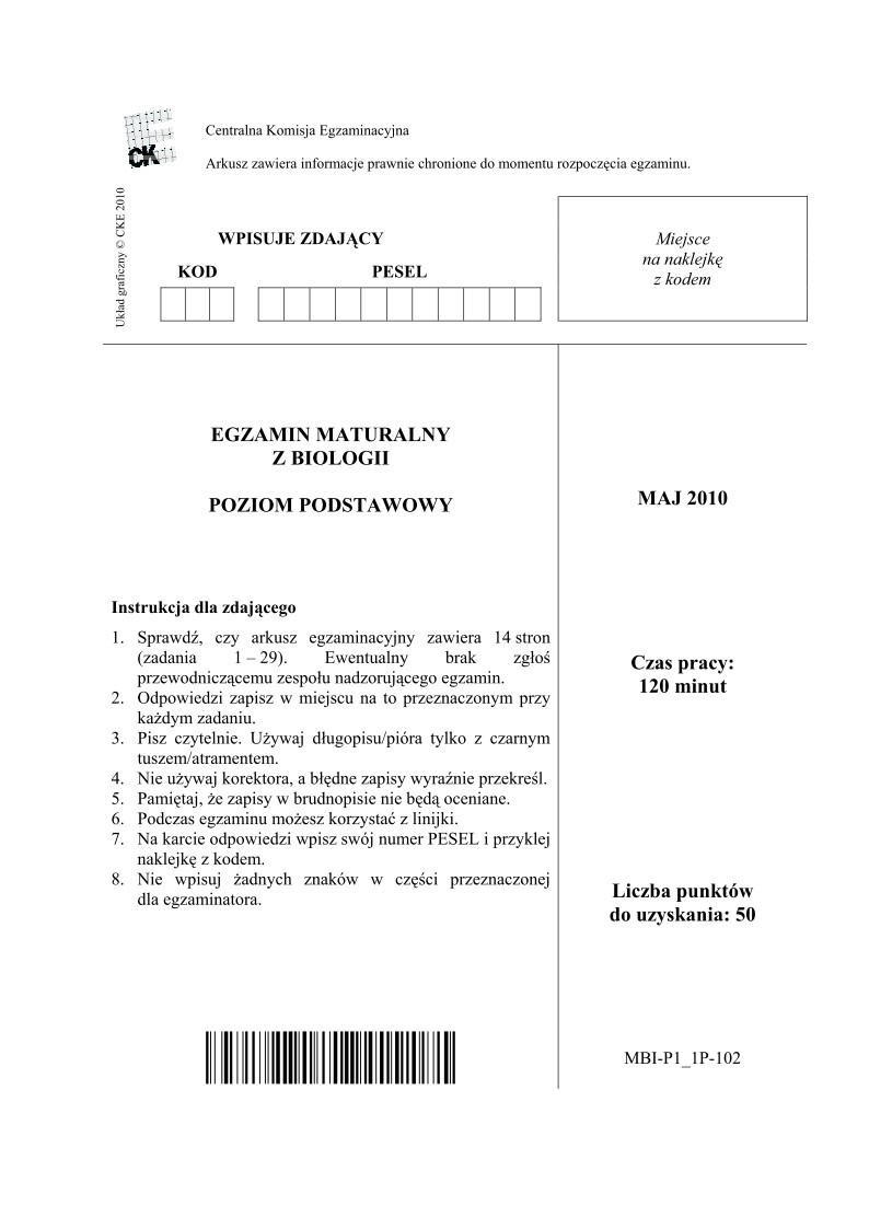 Pytania - biologia, p. podstawowy, matura 2010-strona-01