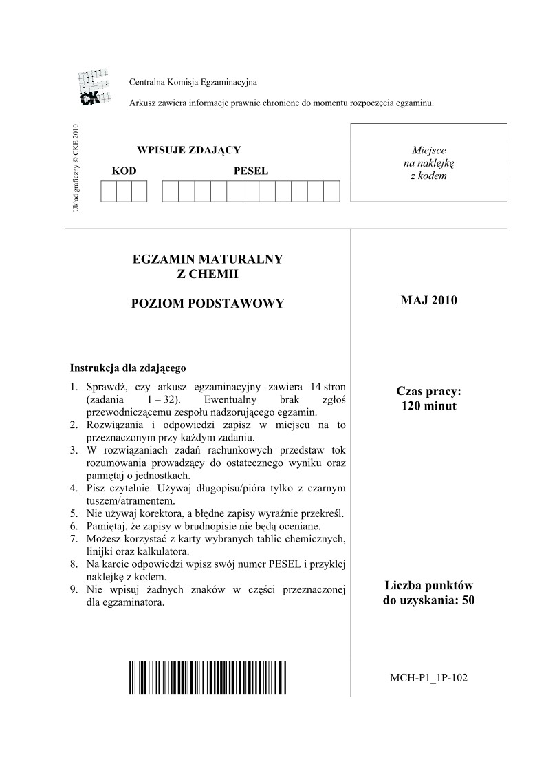 Pytania - chemia, p. podstawowy, matura 2010-strona-01