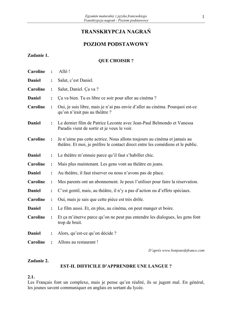 Transkrypcja - jezyk francuski, p. podstawowy , matura 2010-strona-01