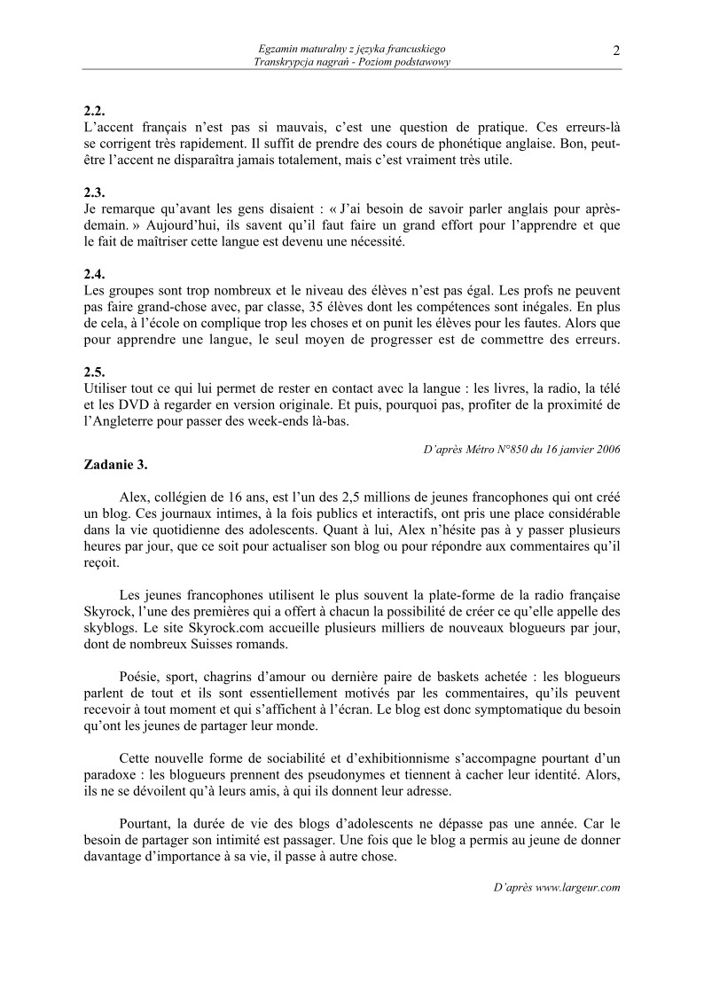 Transkrypcja - jezyk francuski, p. podstawowy , matura 2010-strona-02