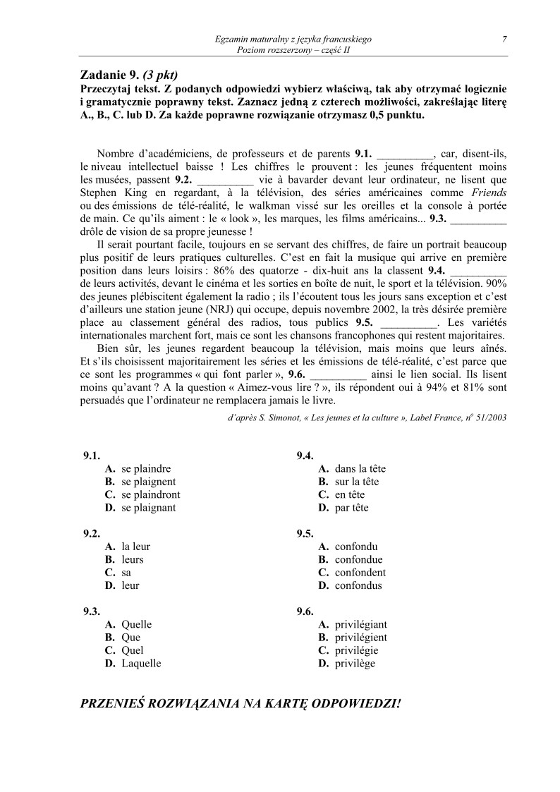Pytania - jezyk francuski, p. rozszerzony , matura 2010 cz2-strona-07