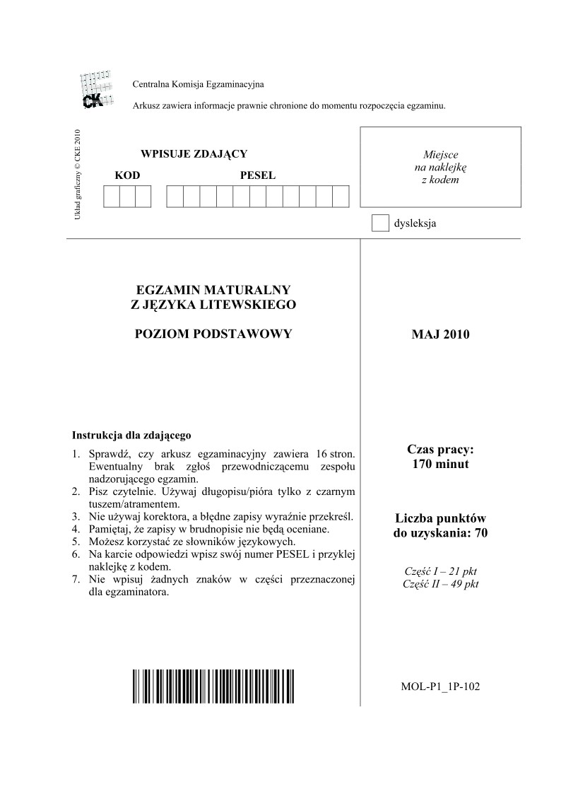 Pytania - jezyk litewski, p. podstawowy, matura 2010-strona-01