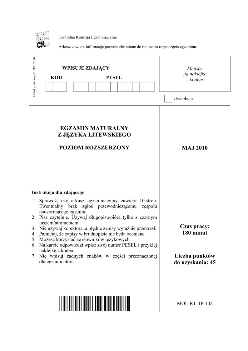Pytania - jezyk litewski, p. rozszerzony, matura 2010-strona-01