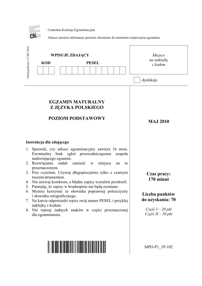 Pytania - jezyk polski, p. podstawowy, matura 2010-strona-01