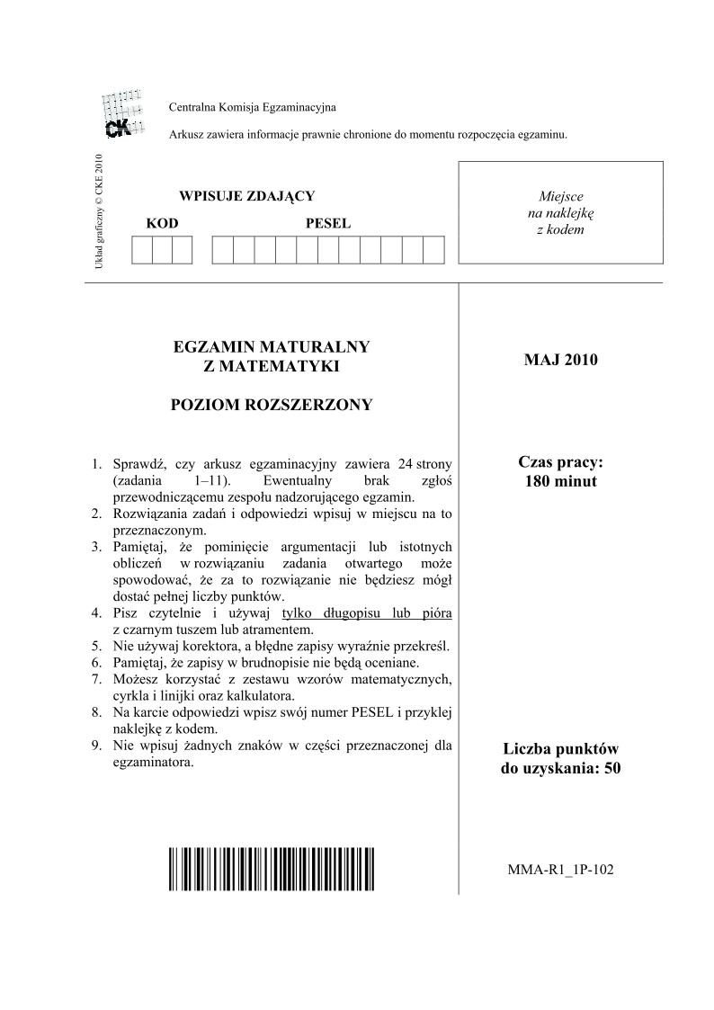 Pytania - matematyka, p. rozszerzony, matura 2010-strona-01