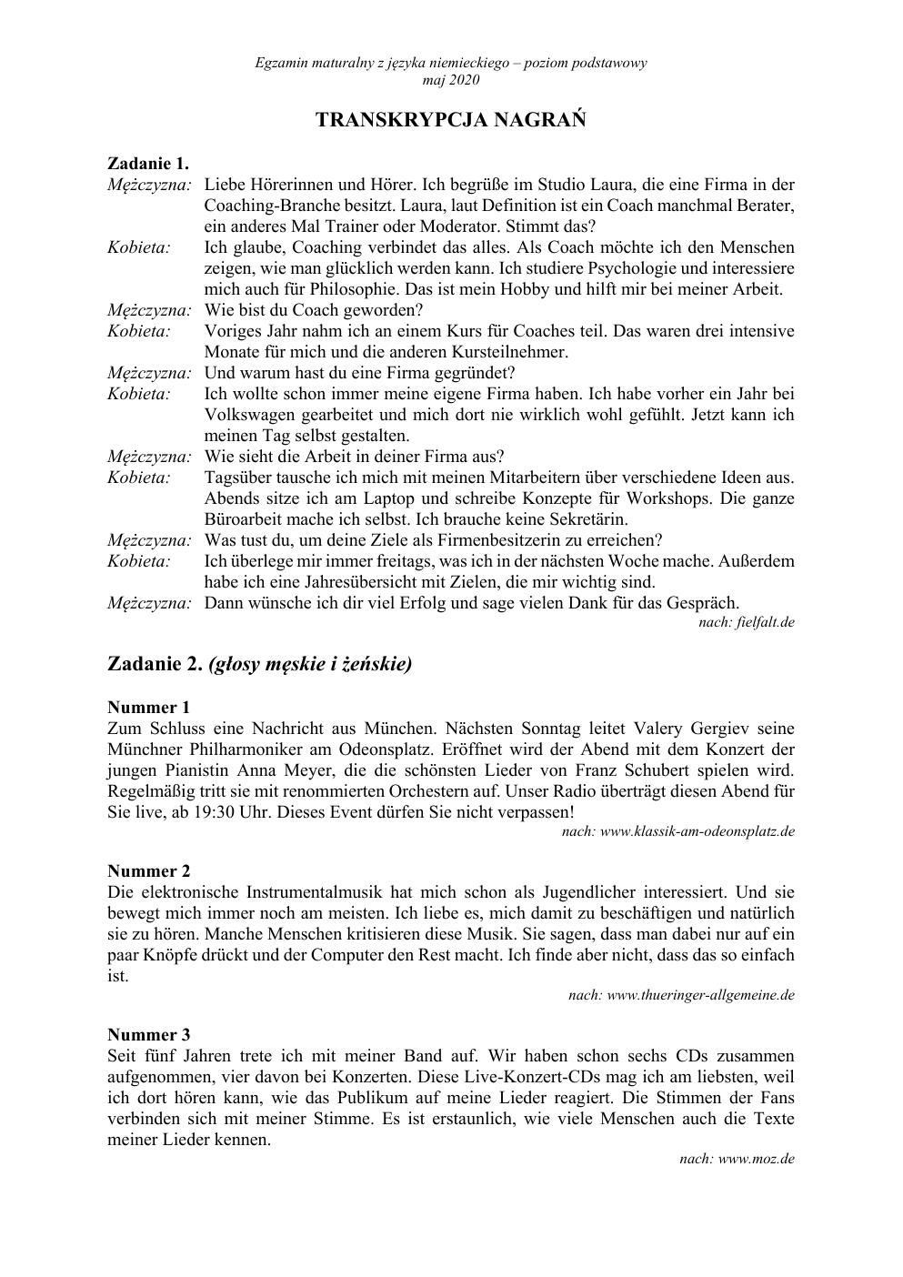 transkrypcja - niemiecki podstawowy - matura 2020-1