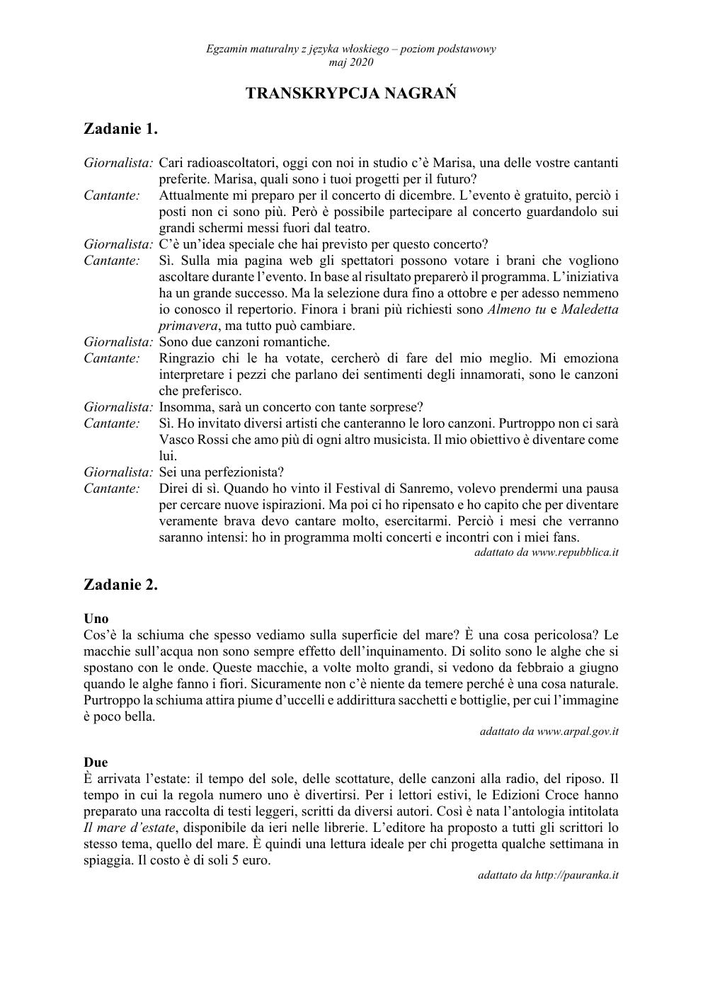 transkrypcja - język włoski podstawowy - matura 2020-1