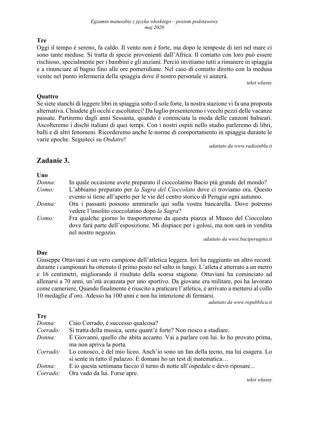 transkrypcja - język włoski podstawowy - matura 2020-2