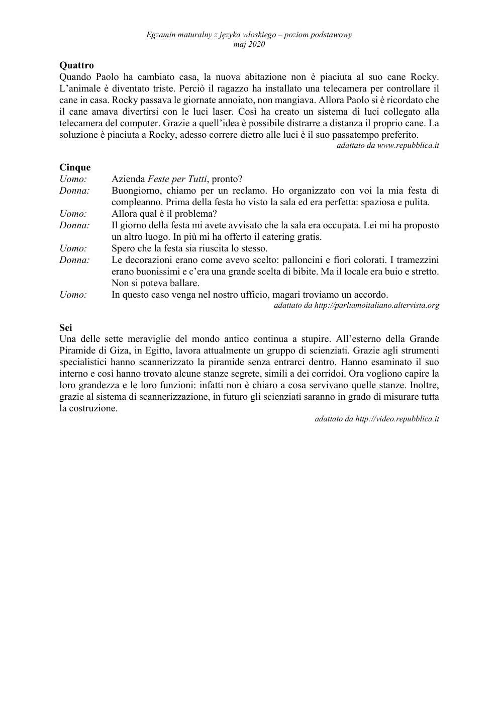 transkrypcja - język włoski podstawowy - matura 2020-3