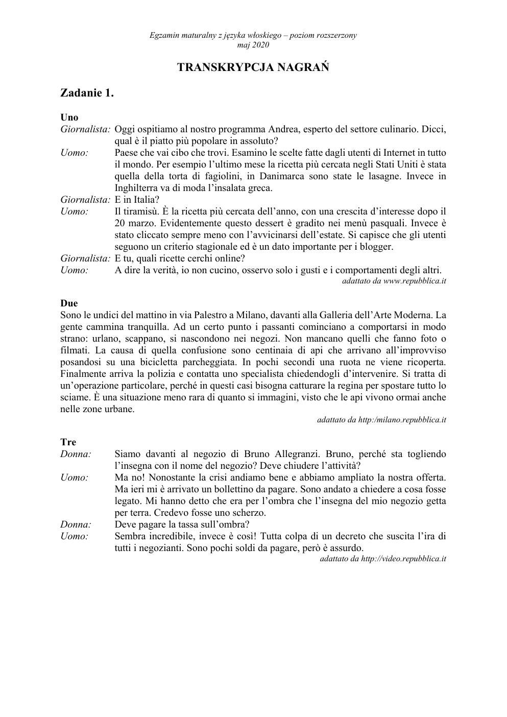 transkrypcja - język włoski rozszerzony - matura 2020-1