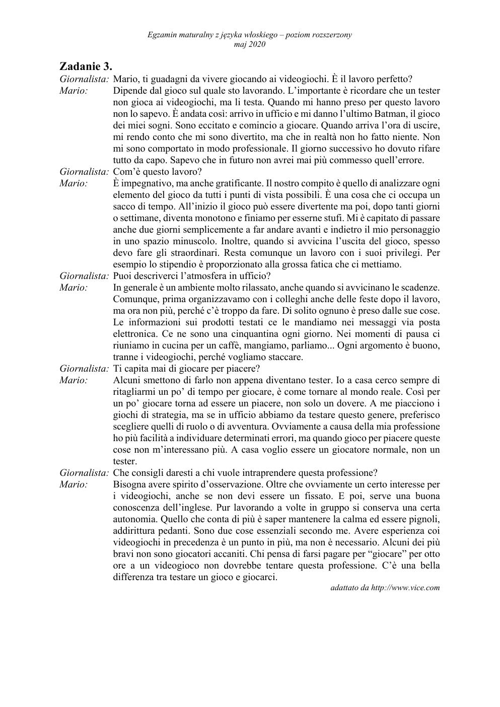 transkrypcja - język włoski rozszerzony - matura 2020-3