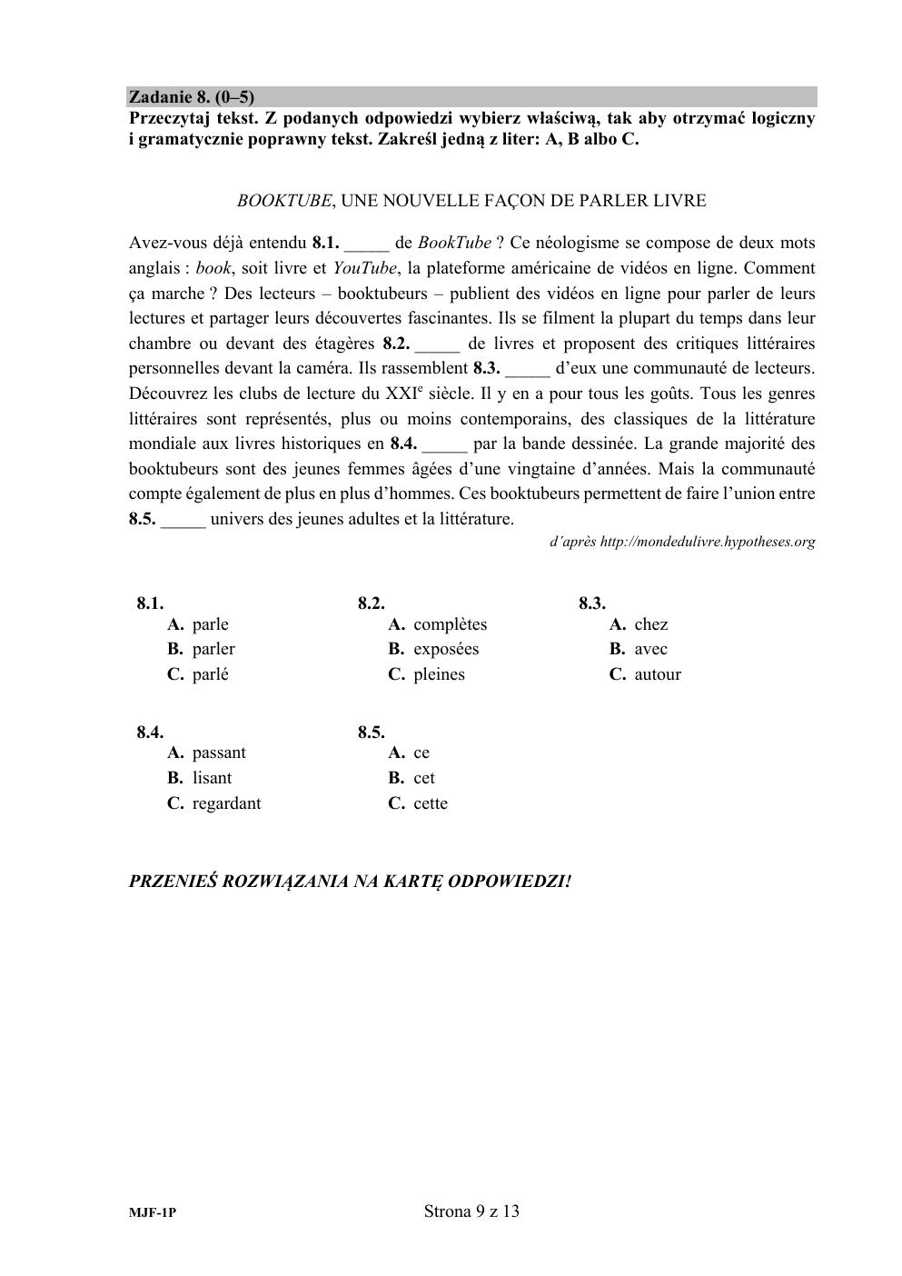 arkusz - język francuski podstawowy - matura 2020-09