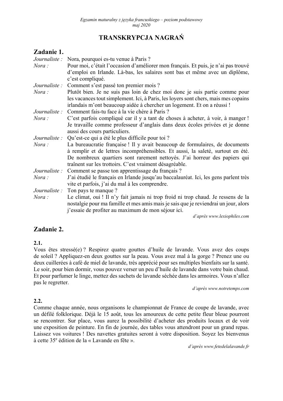 transkrypcja - język francuski podstawowy - matura 2020-1