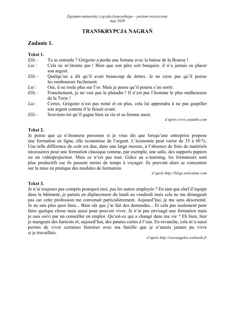 transkrypcja - język francuski rozszerzony - matura 2020-1