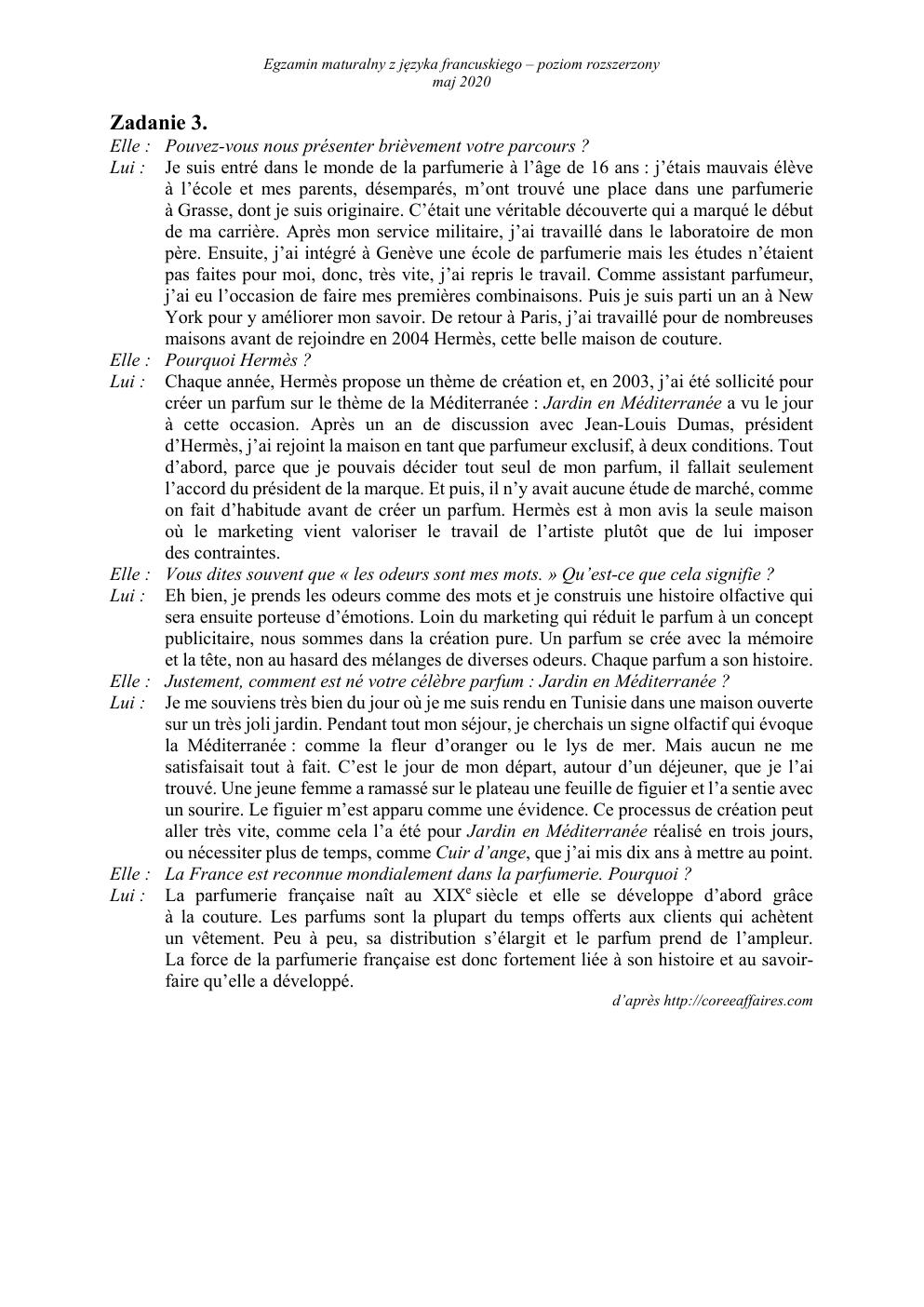 transkrypcja - język francuski rozszerzony - matura 2020-3