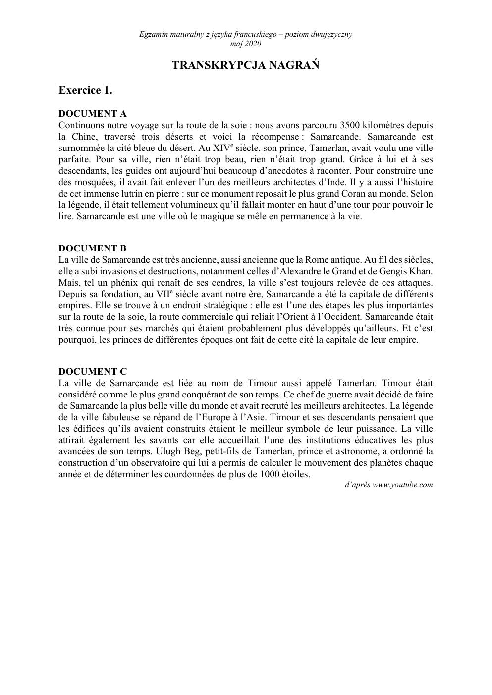 transkrypcja - język francuski dwujęzyczny - matura 2020-1