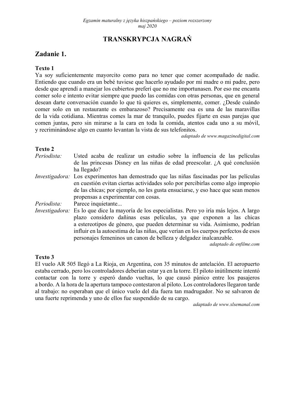 transkrypcja - hiszpański rozszerzony - matura 2020-1