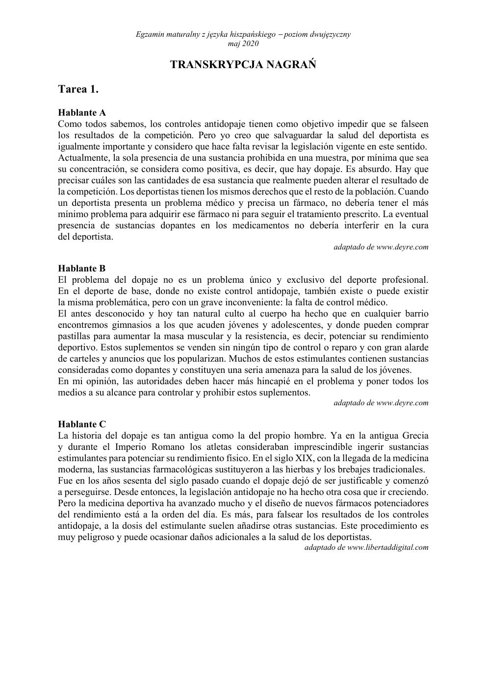 transkrypcja - hiszpański dwujęzyczny - matura 2020-1
