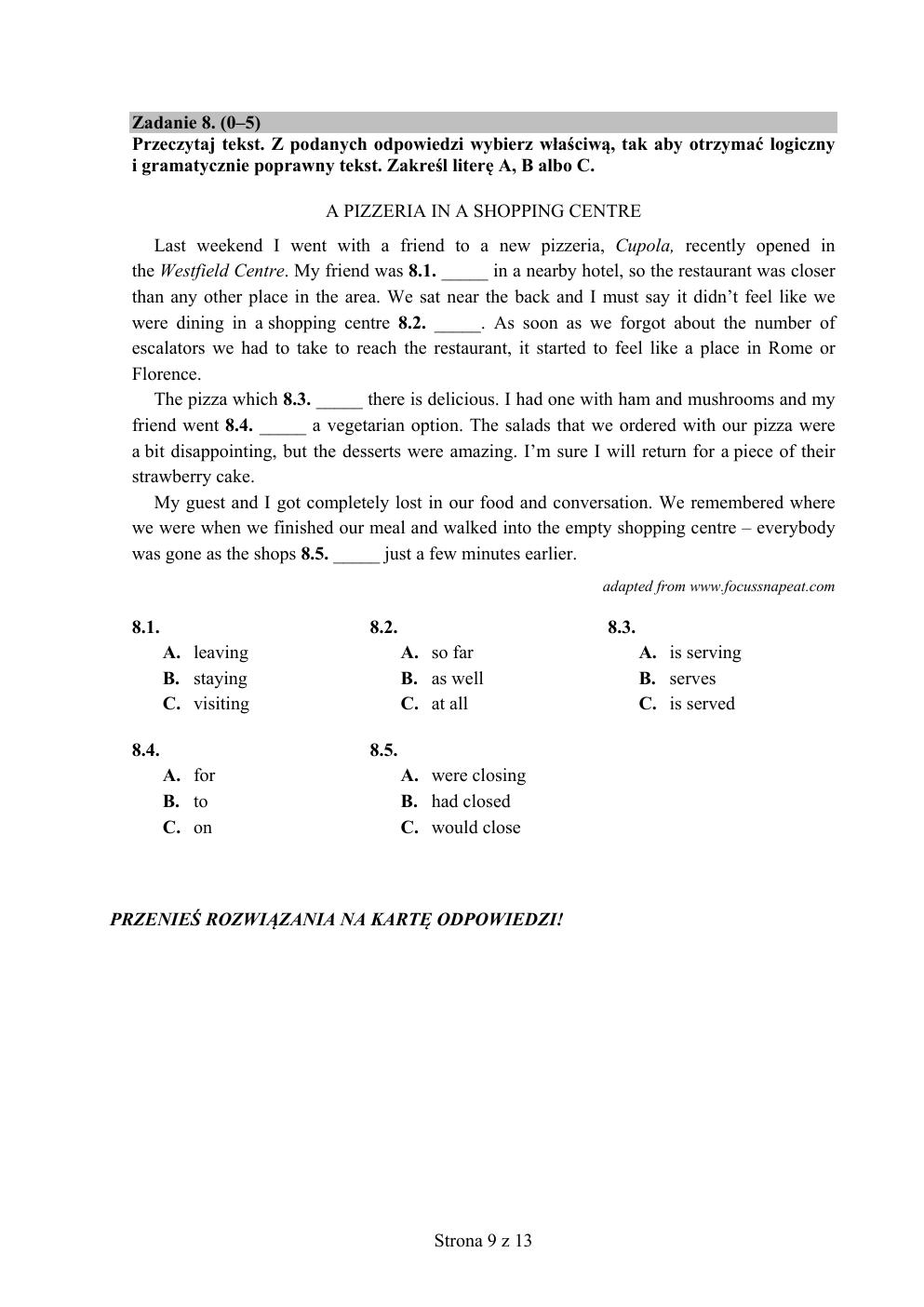 angielski podstawowy - matura próbna 2015 - arkusz-09