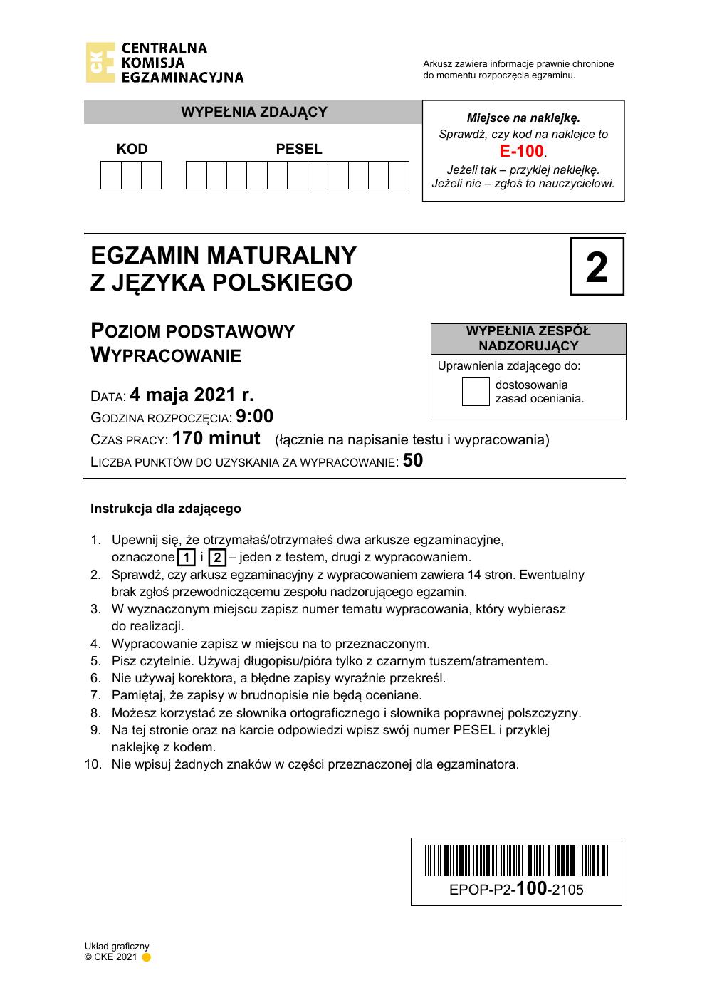 Arkusz 2 – wypracowanie - język polski podstawowy - matura 2021 - maj-01