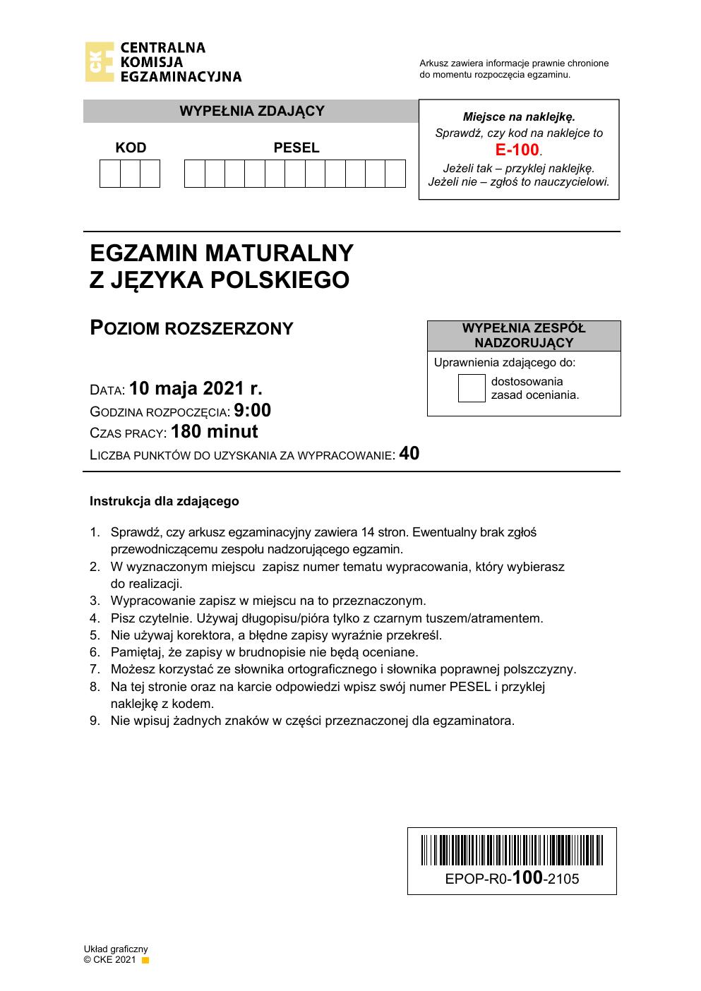 arkusz - język polski rozszerzony - matura 2021 - maj-01