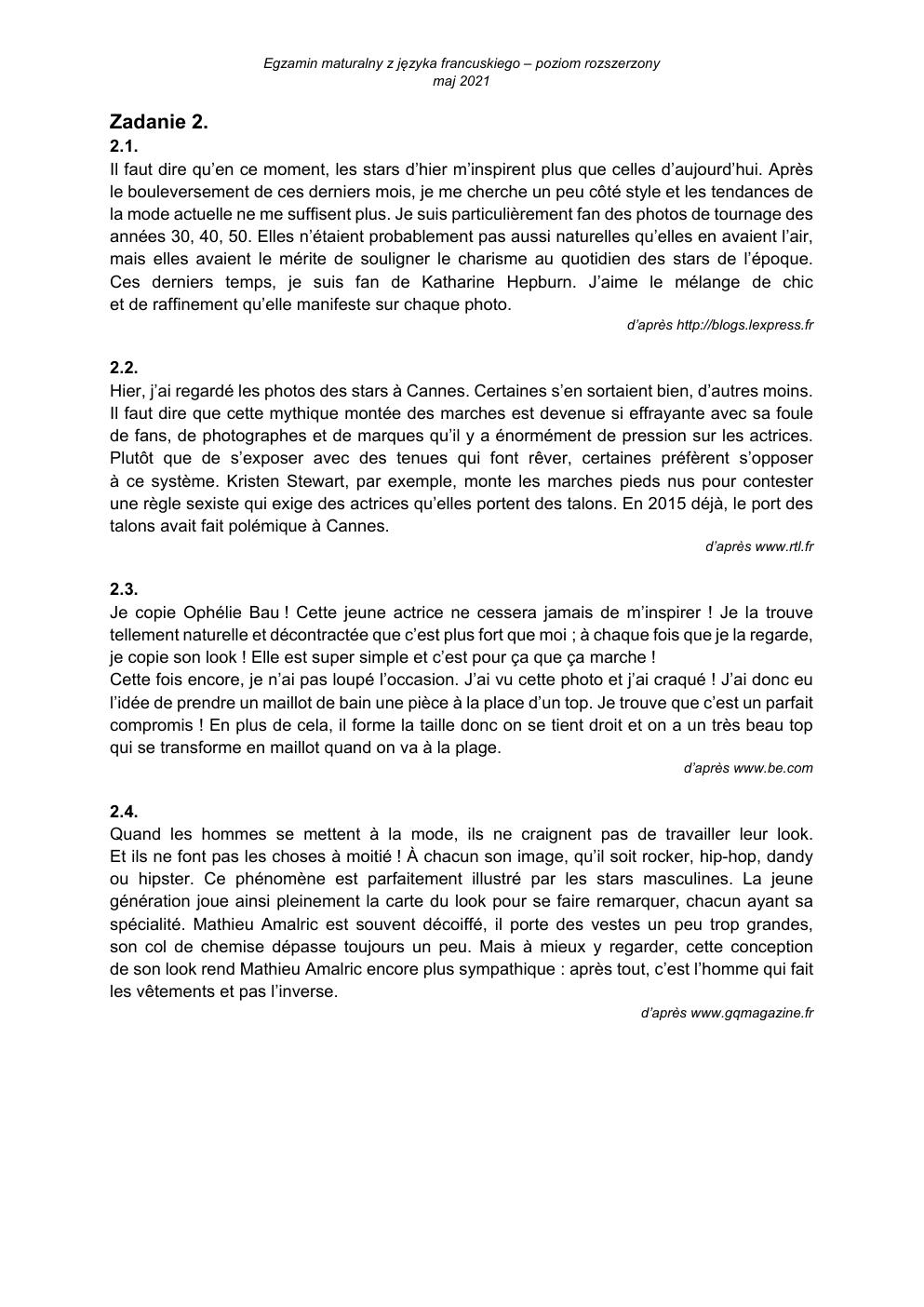 transkrypcja - język francuski rozszerzony - matura 2021 - maj-2