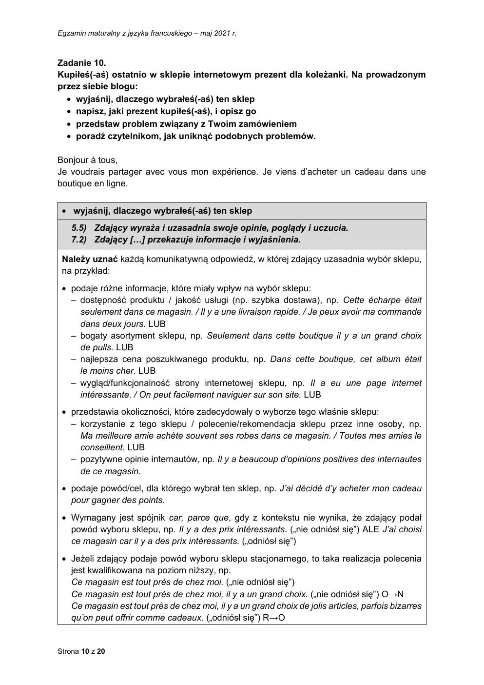odpowiedzi - język francuski podstawowy - matura 2021 - maj-10