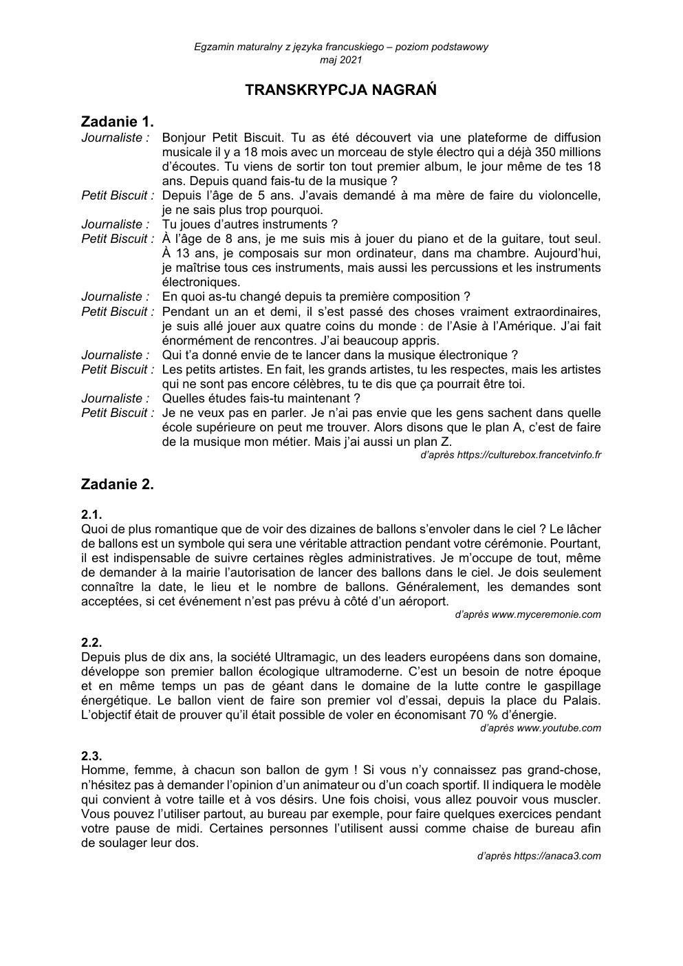 transkrypcja - język francuski podstawowy - matura 2021 - maj-1