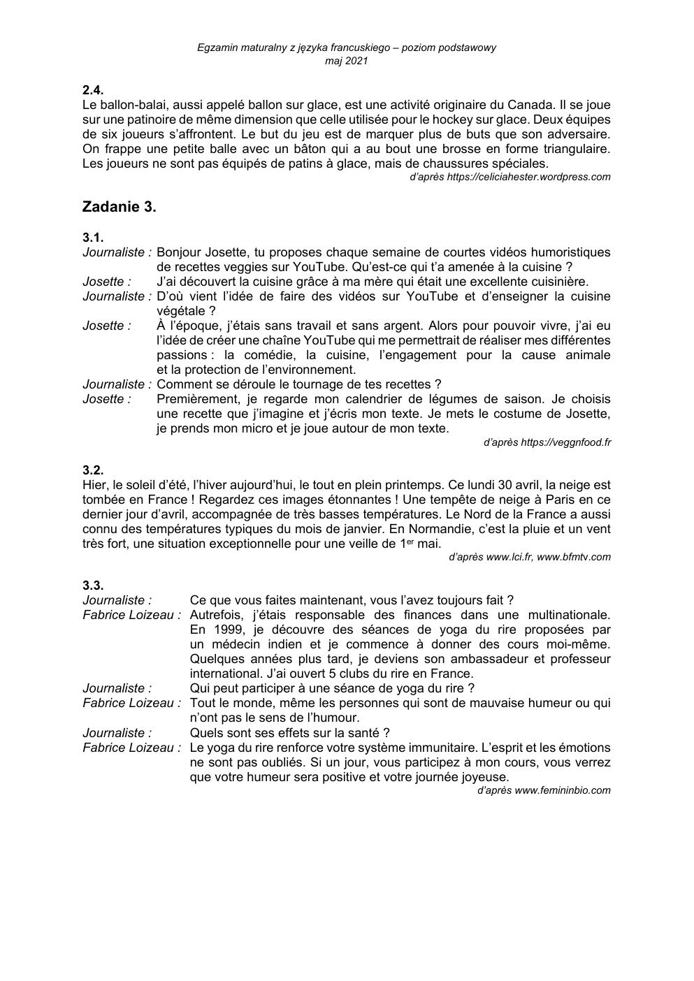transkrypcja - język francuski podstawowy - matura 2021 - maj-2
