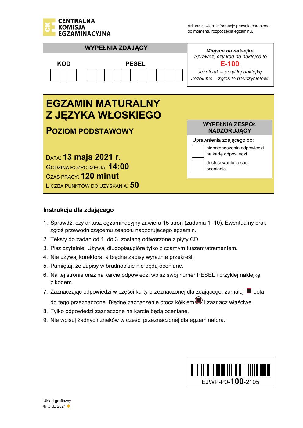 arkusz - język włoski podstawowy - matura 2021 - maj-01