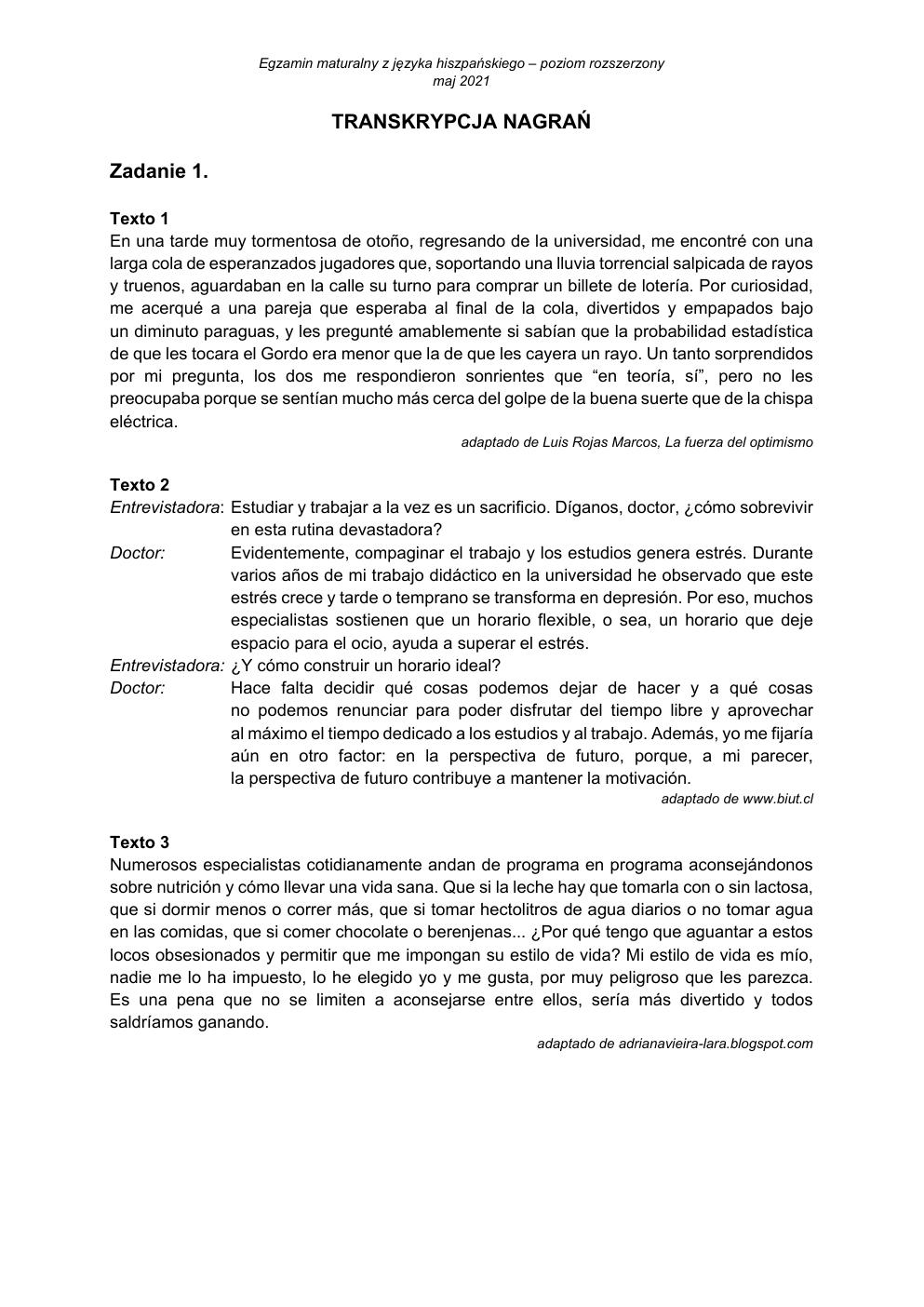 transkrypcja - język hiszpański rozszerzony - matura 2021 - maj-1