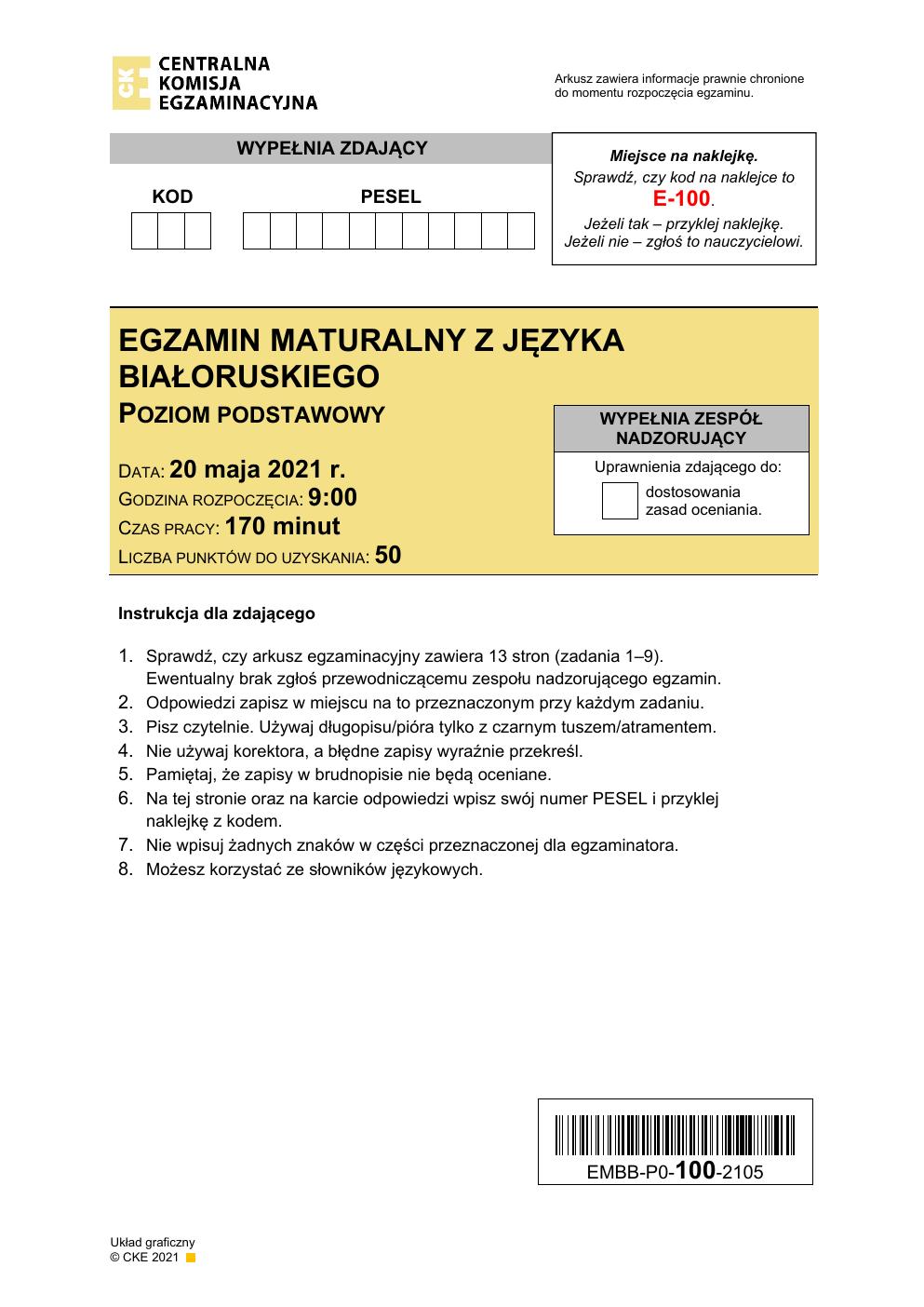 język białoruski podstawowy - matura maj 2021 - arkusz-01