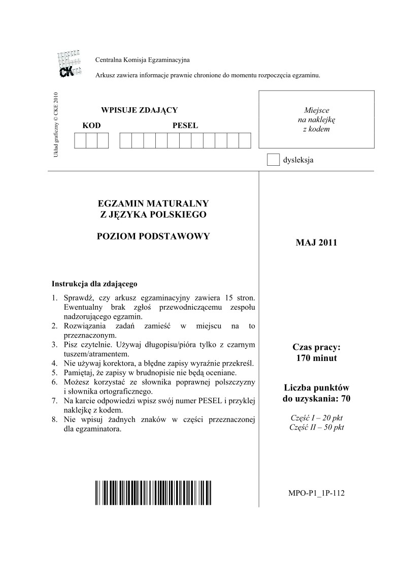 Pytania - jezyk polski, p. podstawowy, matura 2011-strona-01
