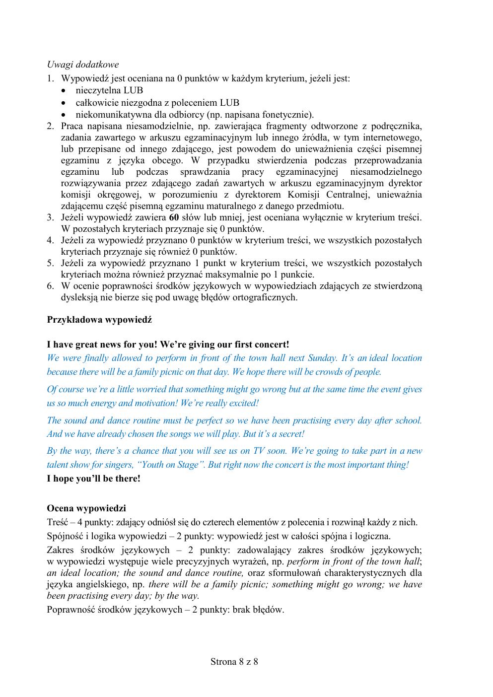 zasady oceniania - odpowiedzi - angielski podstawowy - matura 2015 przykładowa-8