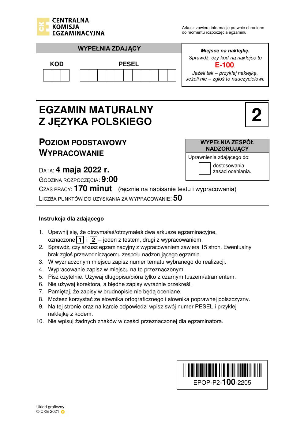 Arkusz 2 – wypracowanie - język polski podstawowy - matura 2022 - maj-01