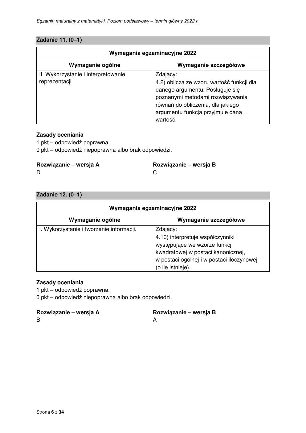 odpowiedzi - matematyka podstawowy - matura 2022 - maj-06