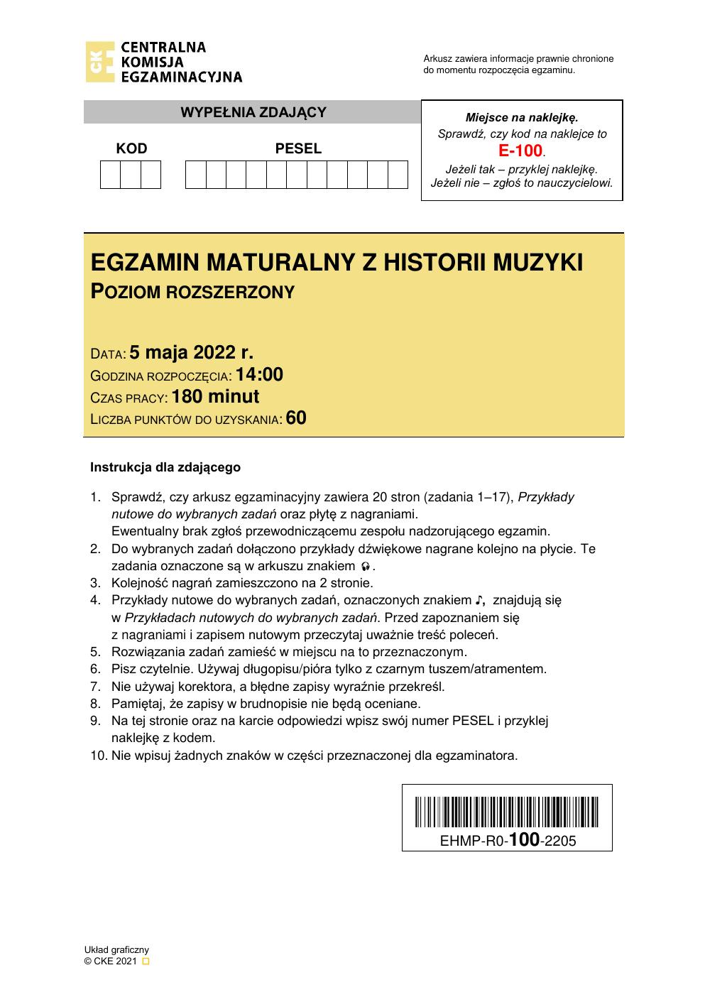 arkusz - historia muzyki rozszerzony - matura 2022 - maj-01