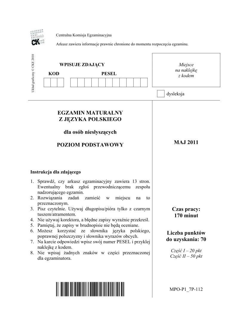 Pytania - jezyk polski, dla osob nieslyszacych, matura 2011-strona-01