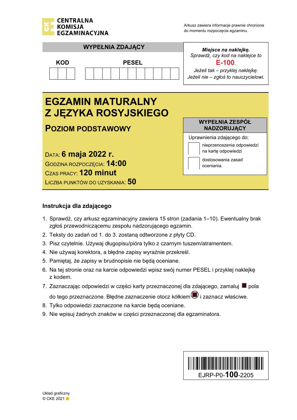arkusz - język rosyjski podstawowy - matura 2022 - maj-01