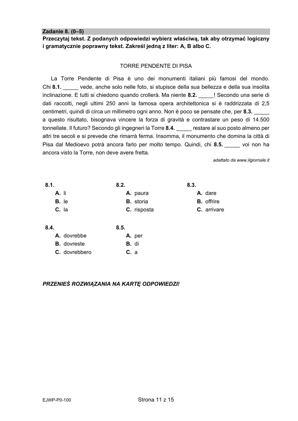 arkusz - język włoski podstawowy - matura 2022 - maj-11