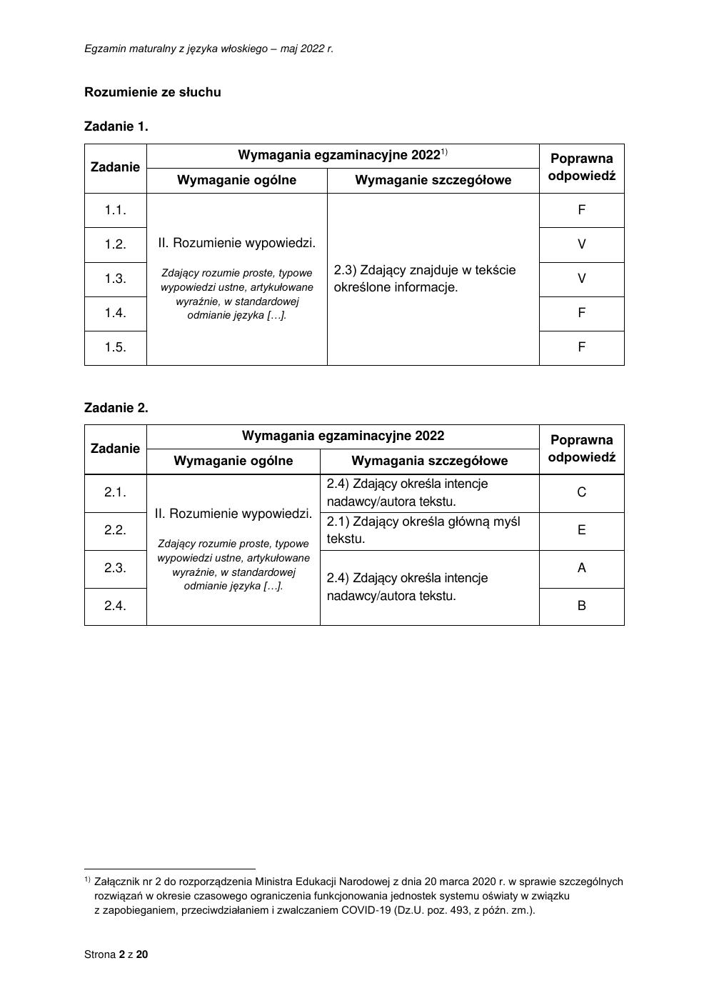 odpowiedzi - język włoski podstawowy - matura 2022 - maj-02